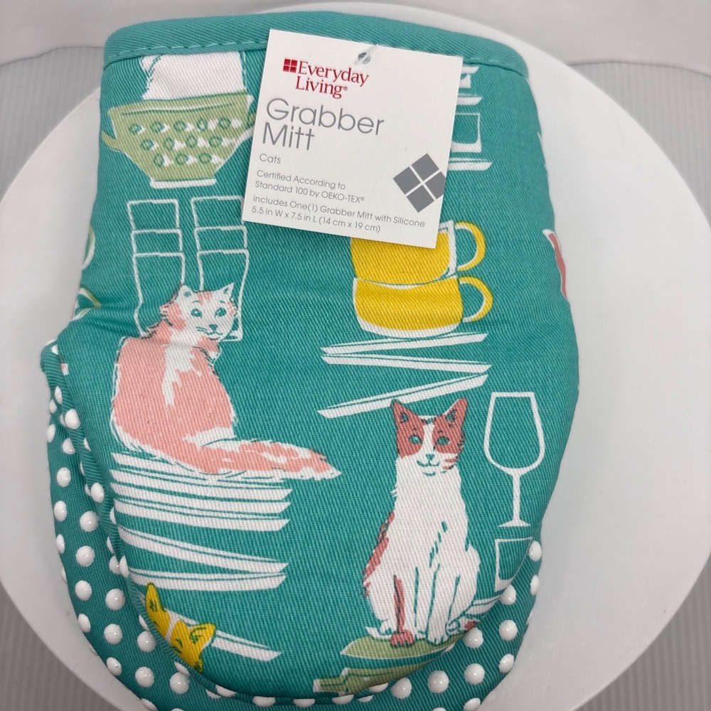 Everyday Living Grabber Mitt Cats‎ Kitchen Oven Pot Holder Silicone Grip Teal